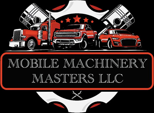 Logo for Mobile Machinery Masters LLC featuring a red truck, a pickup, and a sports car with pistons and stars in the background.